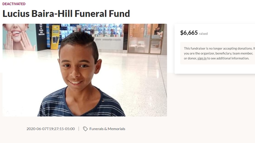 A screen shot saying a funeral fund is deactivated and detailing that $6,665 was raised, along with a photo of a young boy.