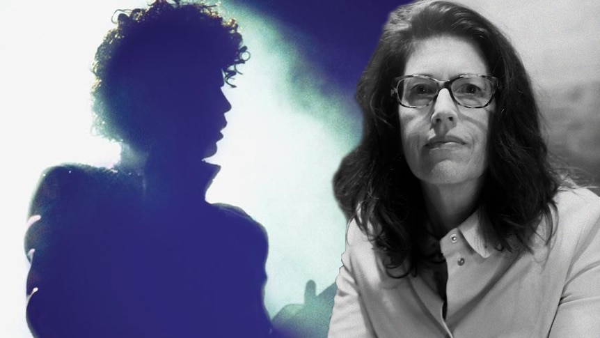 A photo of Prince's silhouette with a black and white photo of his in-house engineer Susan Rogers