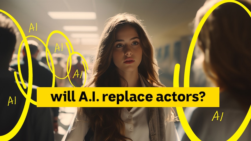 A movie scene showing a main character but all the background actors have been circled and labelled with 'AI'.