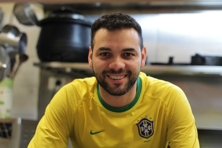 David Junior wearing a Brazil football shirt.