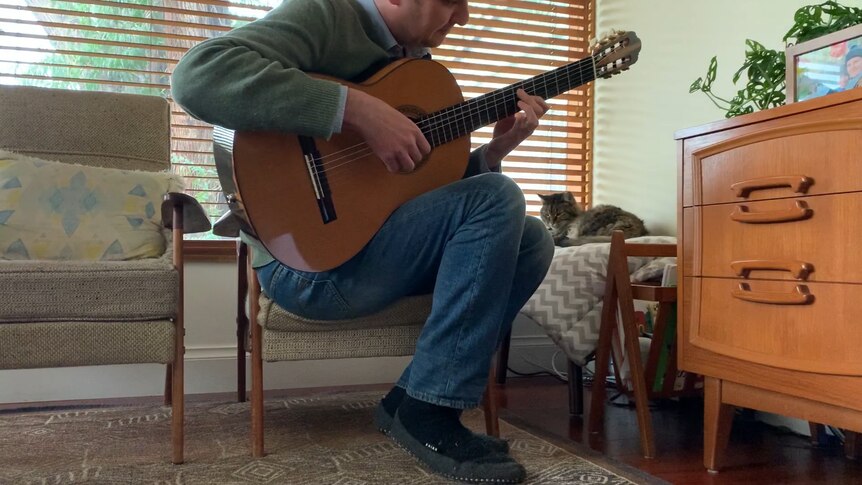 Slava Grigoryan play classical guitar with a fluffy tabby cat sitting in the background.