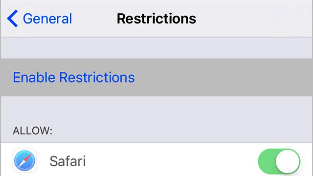 A screen shot of the restrictions options in an iphone.