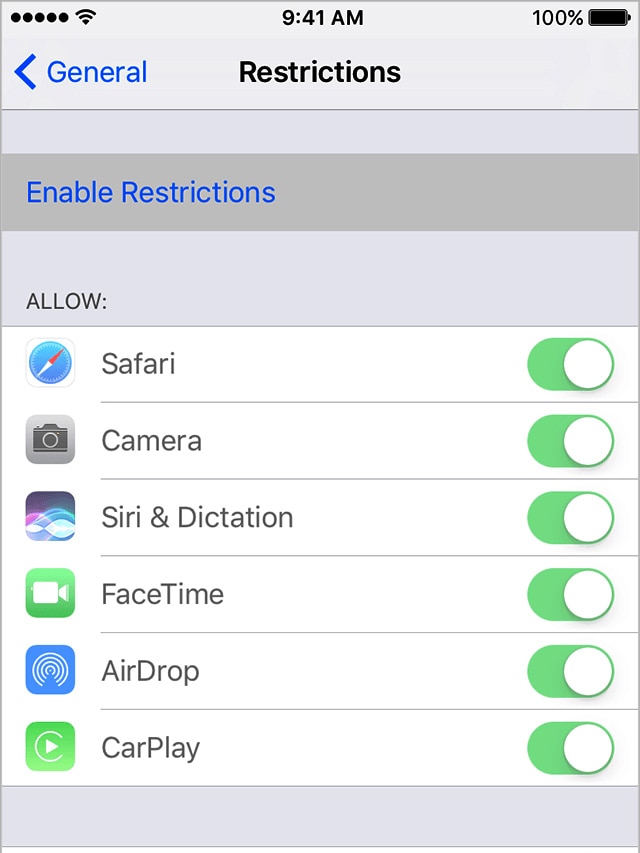 A screen shot of the restrictions options in an iphone.