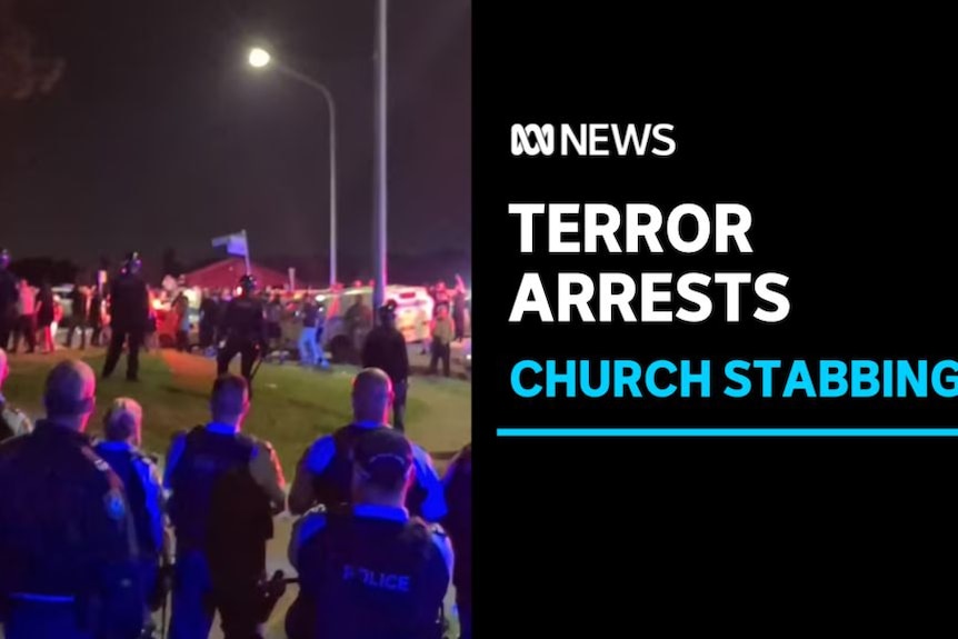 Terror Arrests, Church Stabbing: Police officers watch on as a crowd gathers on a suburban street.