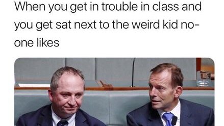 A screenshot of an email from an iPhone showing a photo of Barnaby Joyce and Tony Abbott in parliament.