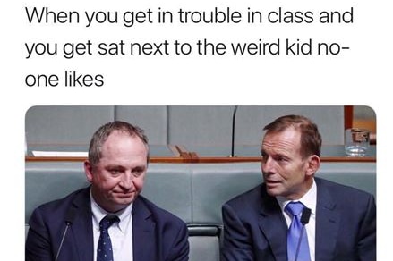 A screenshot of an email from an iPhone showing a photo of Barnaby Joyce and Tony Abbott in parliament.