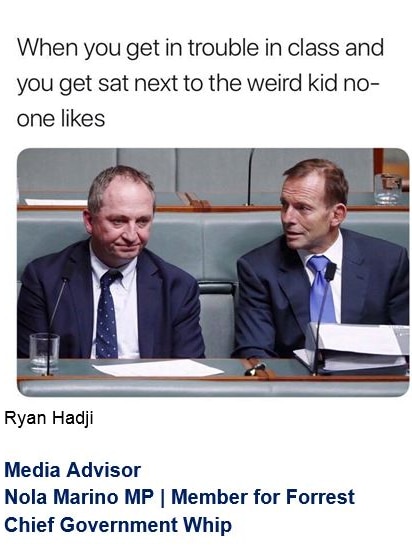 A screenshot of an email from an iPhone showing a photo of Barnaby Joyce and Tony Abbott in parliament.