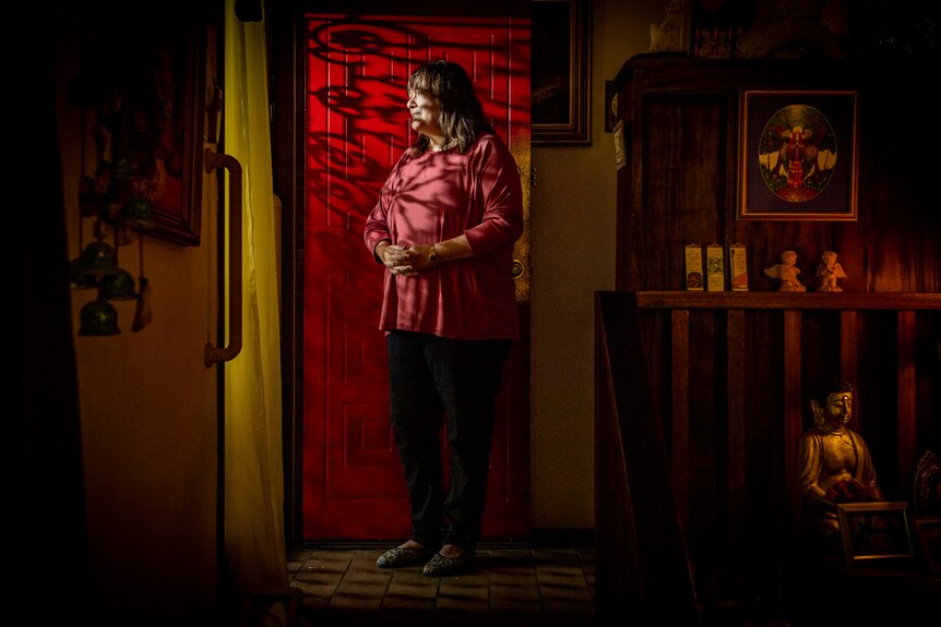 A woman in a red blouse standing by a door covered by shadow