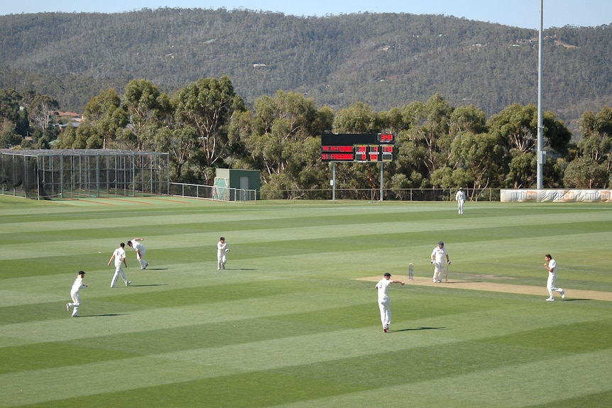 A wide shot of two club teams playing cricket in Tasmania.