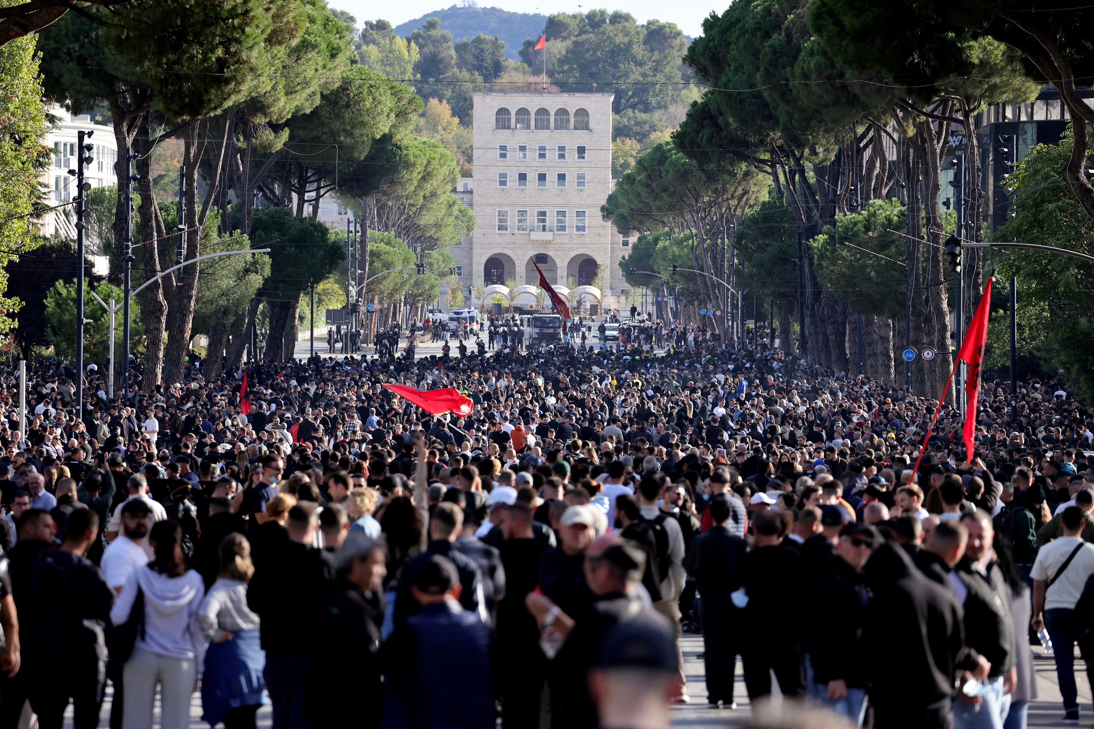 A large crowd of protesters in Tirana