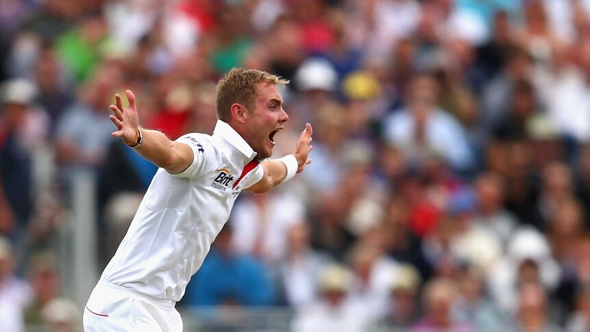 Stuart Broad celebrates taking a wicket during Ashes fourth Test day two