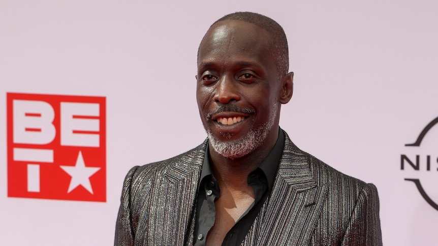 Michael K. Williams poses on the red carpet wearing a grey stripped suit.