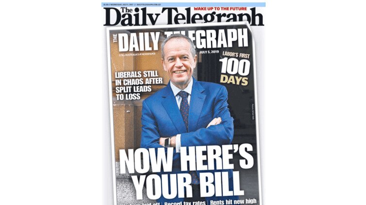 Bill Shorten appeared on the front page of the Daily tele with the headline "now here's your bill - Labor's first 100 days"