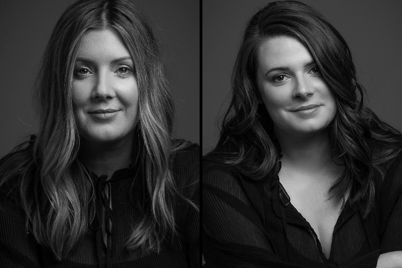 Side by side black and white profile photos of Bec Gallagher and Caitlin Epps.