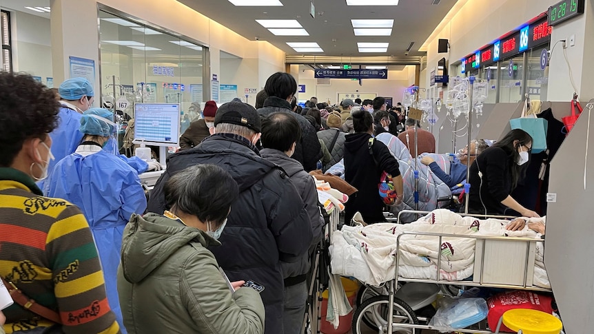 People crowd a hospital hallway. 