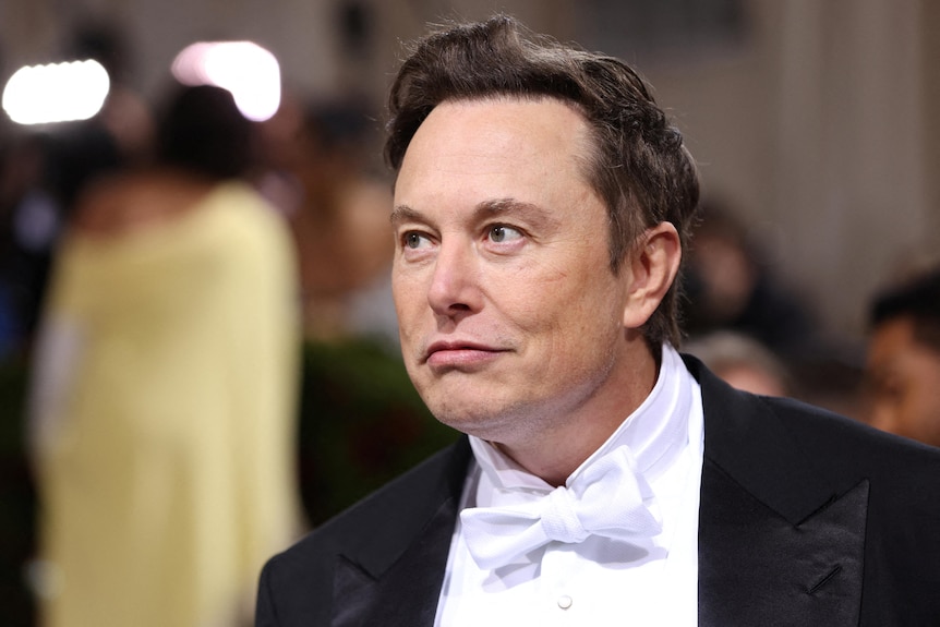 A close-up image of Elon Musk, wearing a dark suit with white shirt and white bow tie.