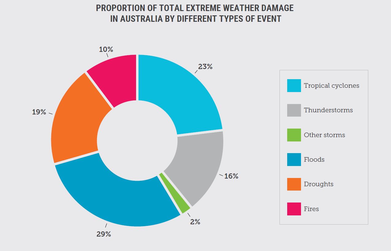 Pie chart showing proportion of damage per disaster type.