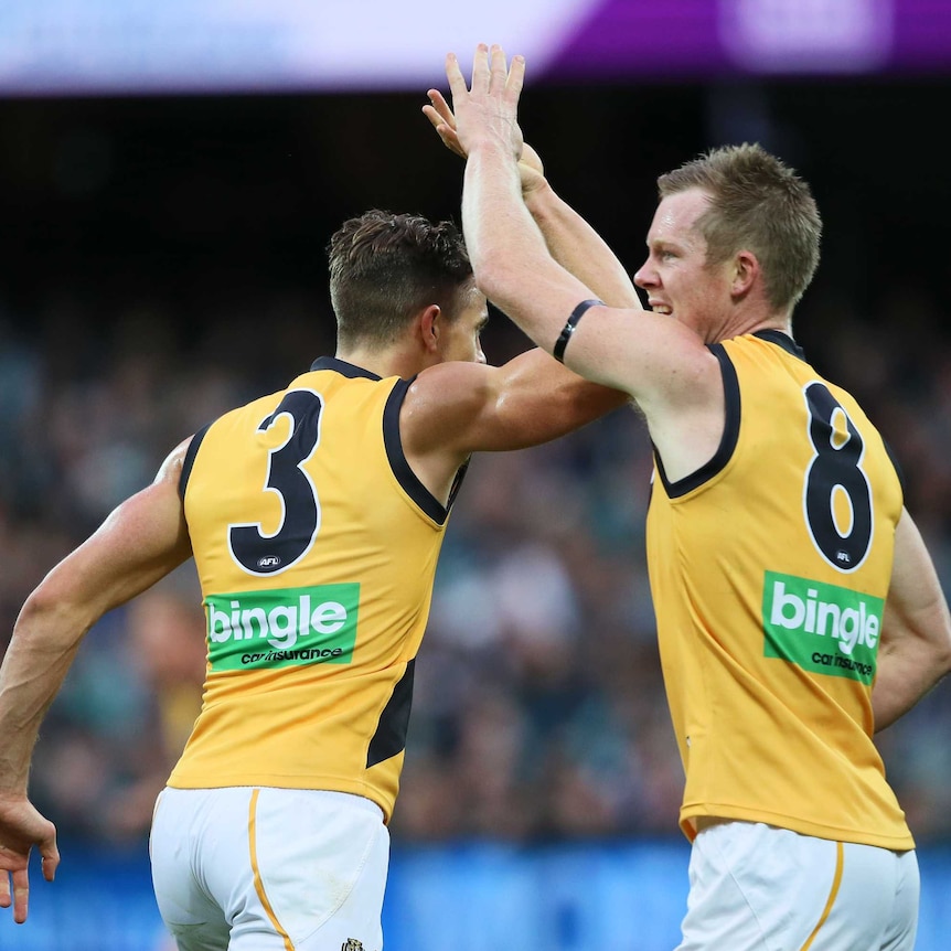 Brett Deledio of the Tigers is congratulated by team mate Jack Riewoldt after kicking a goal