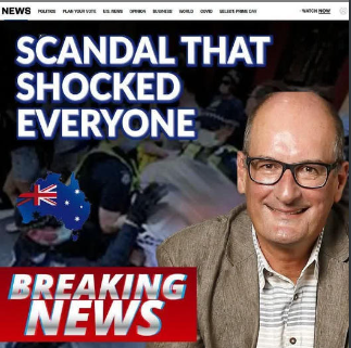 A photoshopped ad with the words "the scandal that shocked everyone" and a headshot of David Koch.