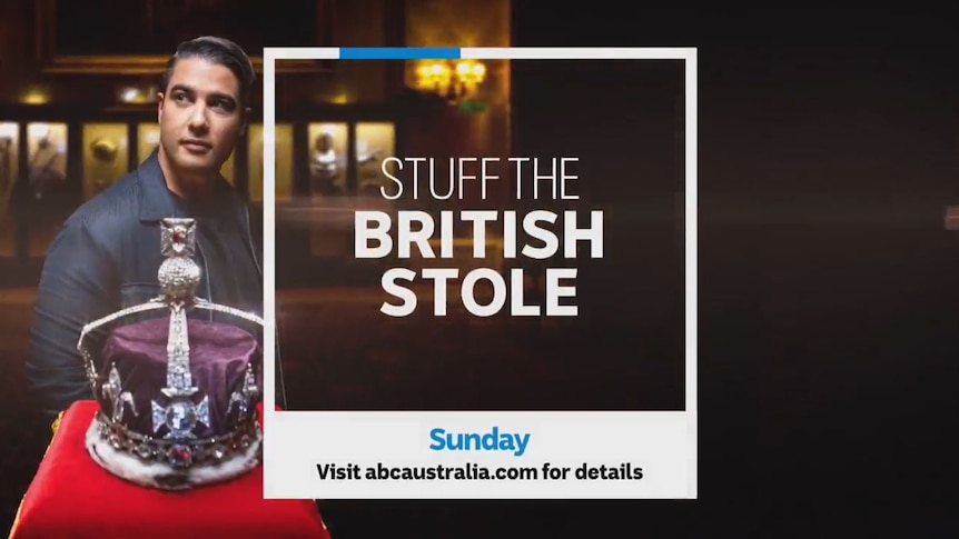 Promo for TV show Stuff the British Stole. Man in black jacket stands behind crown on red pillow. 