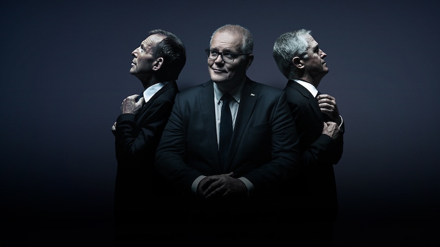 A designed image showing Tony Abbott and Malcolm Turnbull in profile, flanking Scott Morrison front-on.