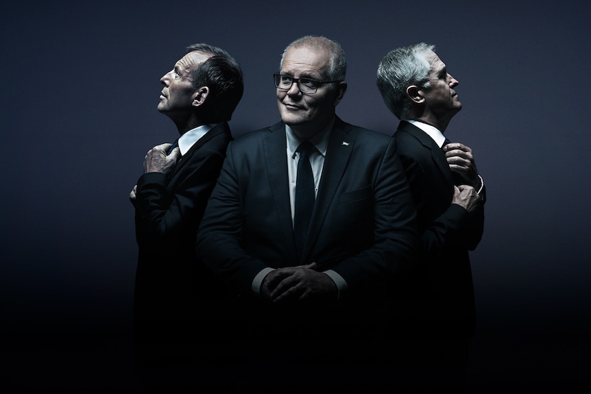 A designed image showing Tony Abbott and Malcolm Turnbull in profile flanking Scott Morrison front-on.