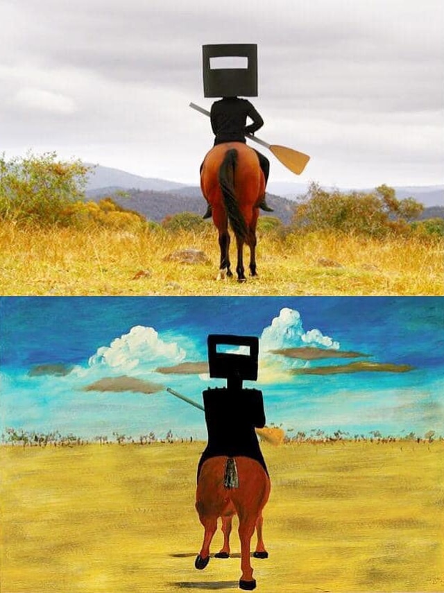 A woman on a horse has recreated Sidney Nolan's 'Ned Kelly' painting