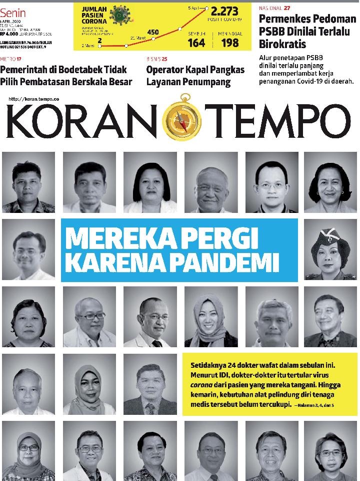 Cover of Indonesia's Koran Tempo newspaper features the faces of 24 doctors who passed away during March.