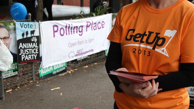 Woman wearing GetUp t-shirt at election polling station