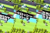 A composite image of the loading screen for video game Crossy Road in English, Japanese and Korean.