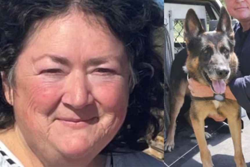 Composite image of a woman smiling at camera and a police hound
