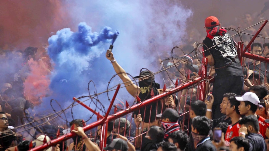 A football fan with a black face mask holds a purple flare.