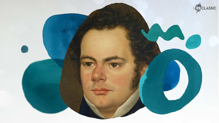 An image of composer Franz Schubert with stylised musical notation overlayed in tones of teal.