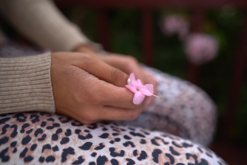 A hand holding a small pink flower.