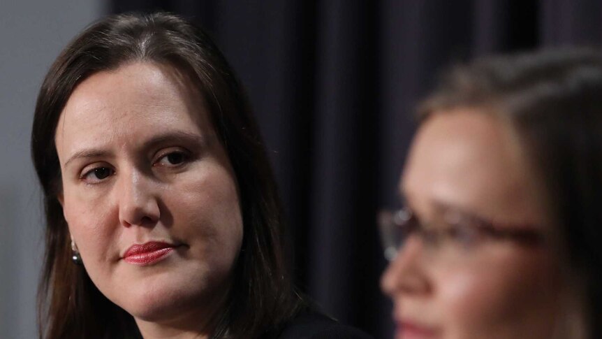 Kelly O'Dwyer glances sideways with a neutral expression at Kate Jenkins, who is addressing a media conference.