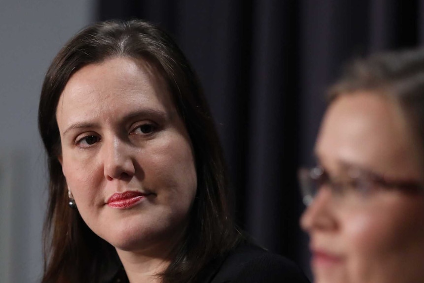Kelly O'Dwyer glances sideways with a neutral expression at Kate Jenkins, who is addressing a media conference.