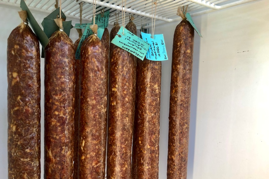 Salami's hanging in a fridge