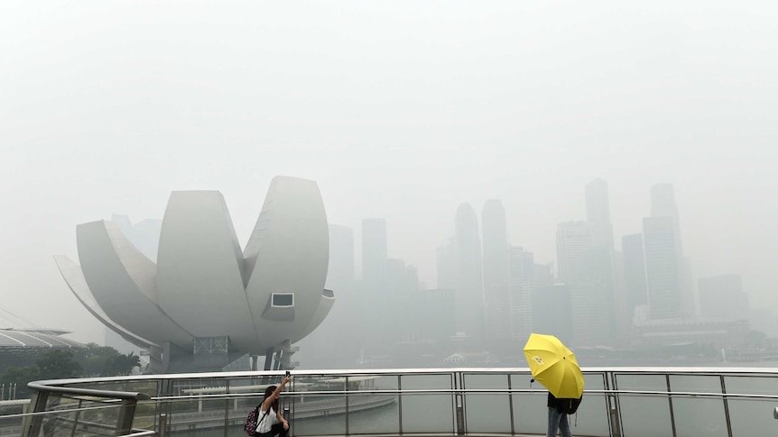 The Singapore city skyline is choked with smog from fires in neighbouring Indonesia