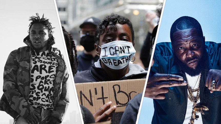 A collage of Kendrick Lamar, a US protestor with a mask reading 'I can't breathe', and Killer Mike from Run The Jewels