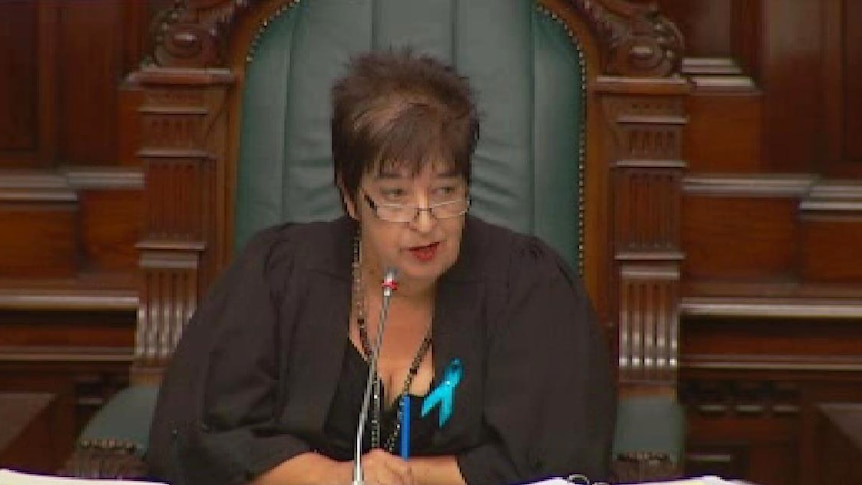 Lyn Breuer in the speaker's chair