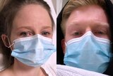 A composite image of Sarah and Sam, in hospital, wearing surgical masks.