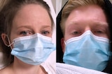 A composite image of Sarah and Sam, in hospital, wearing surgical masks.