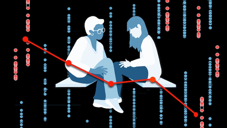 An illustration shows two women in deep conversation, overlaid with an illustrative scatterplot and line chart.