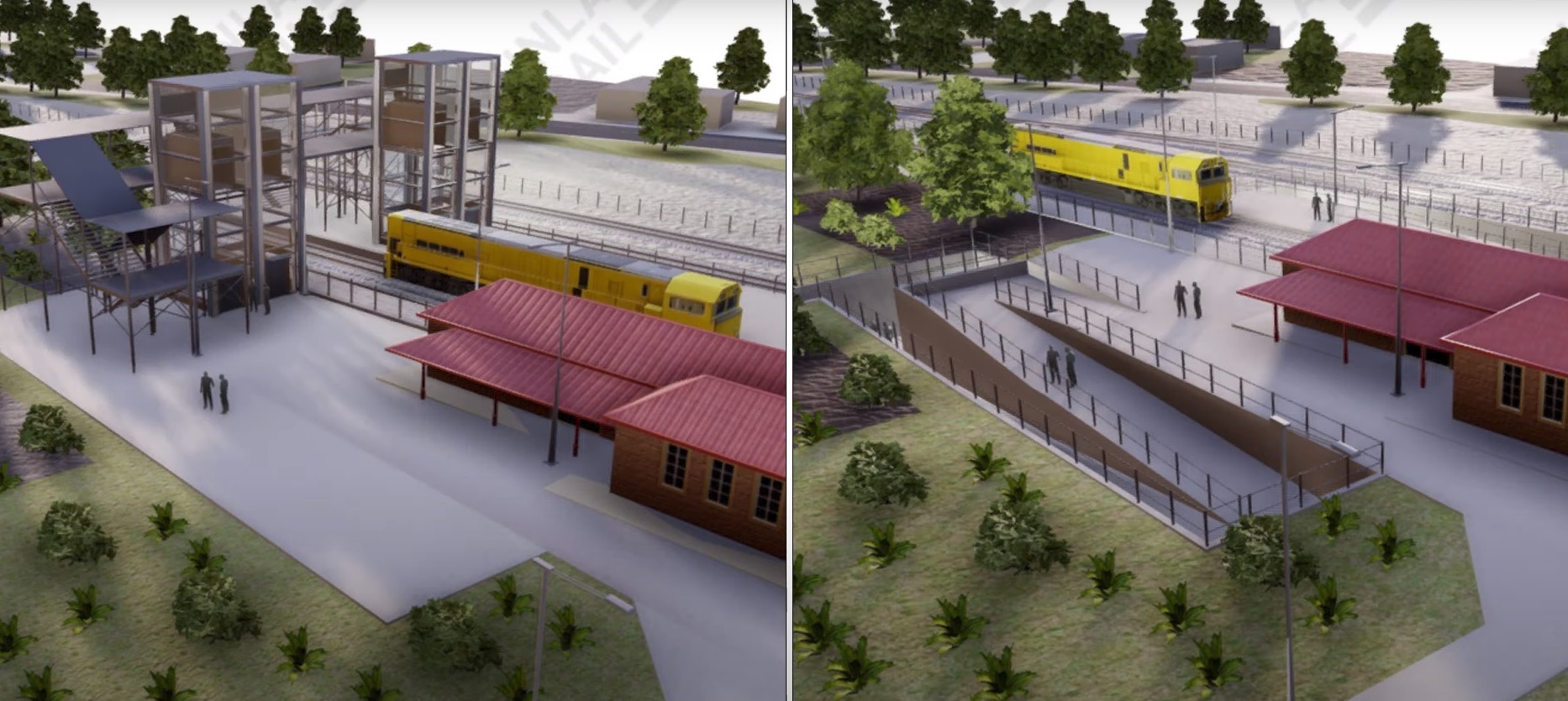 A computerised design of the Benalla railway featuring a bridge option on the left and an underground pass on the right