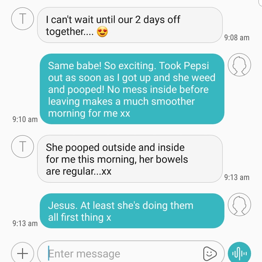 Screenshot of text conversation between Kellie and Travis discussing the time demands of their new pet puppy Peppa.