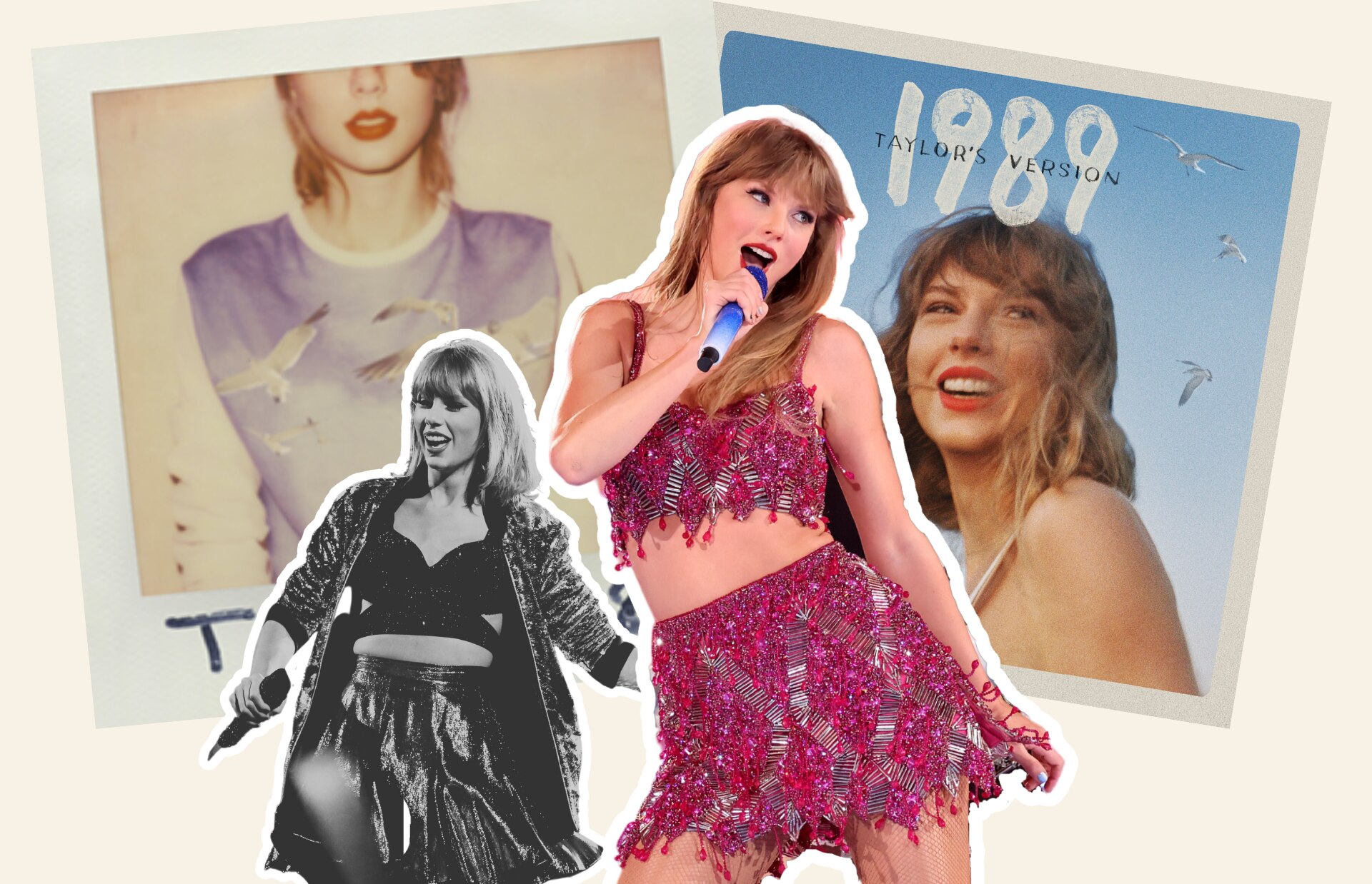 A collage of old and new images of Taylor Swift performing against a back drop of her original and new 1989 albums