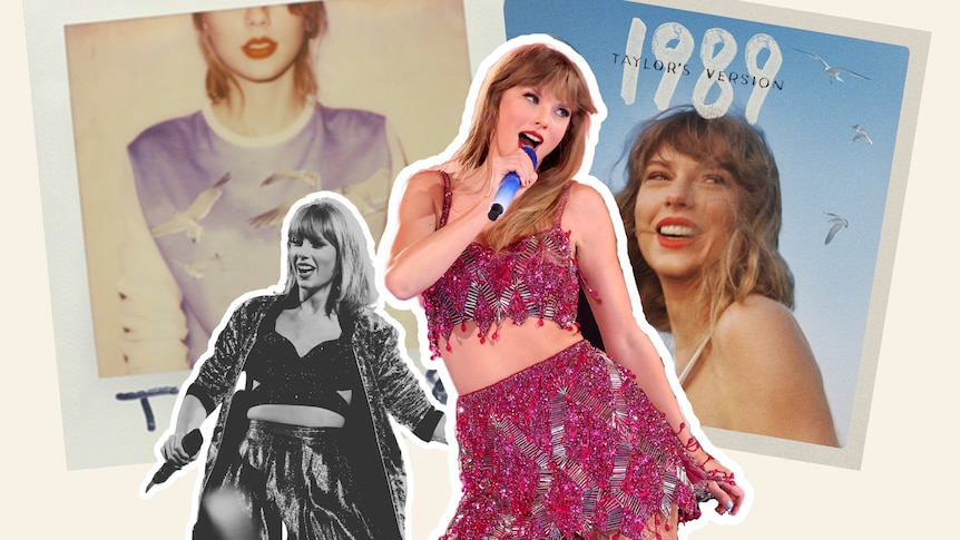 A collage of old and new images of Taylor Swift performing against a back drop of her original and new 1989 albums