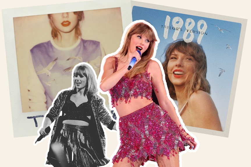 A collage of old and new images of Taylor Swift performing against a back drop of her original and new 1989 albums