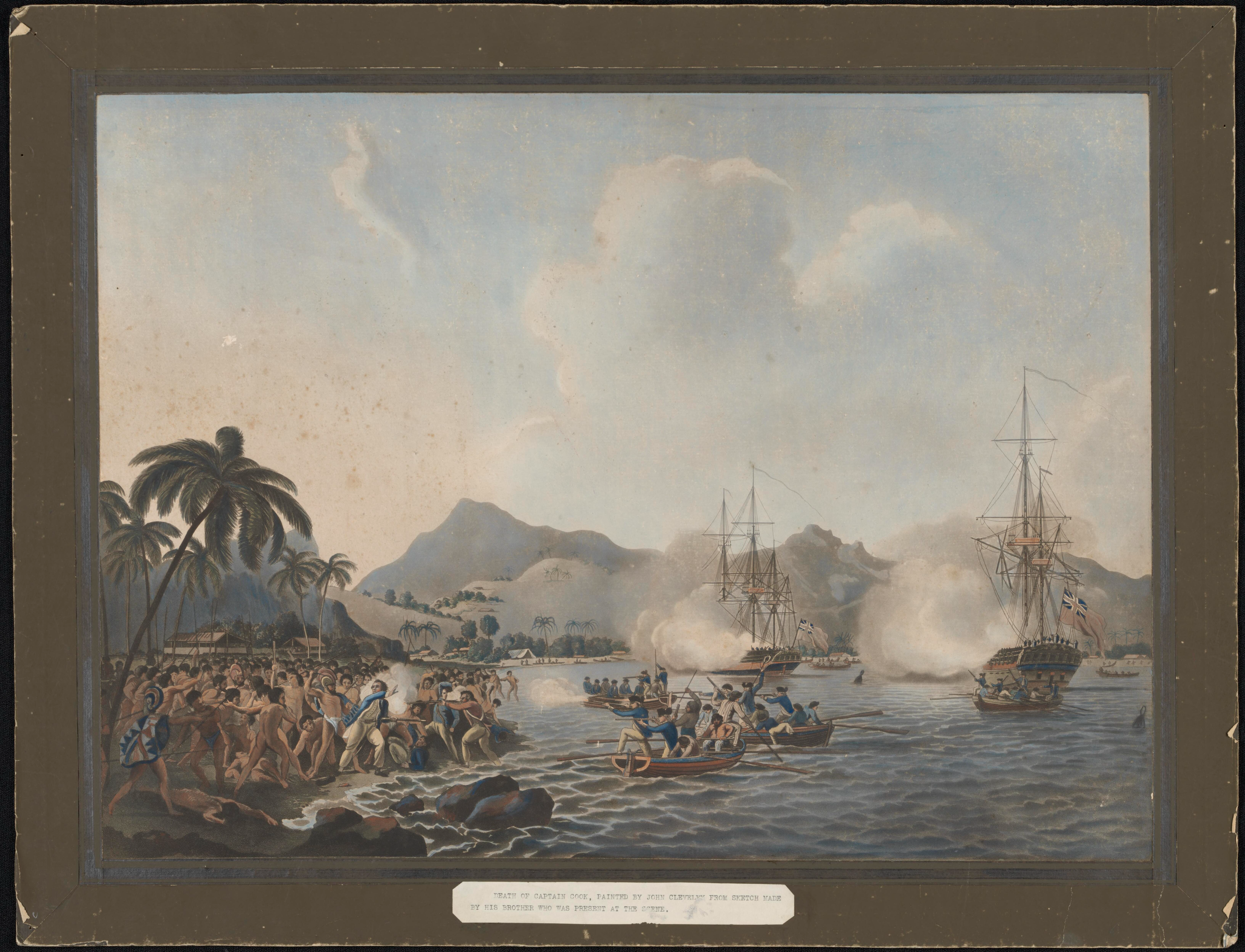 An artwork depicting hundreds of people on a foreshore in conflict, with several boats in the tropical bay.