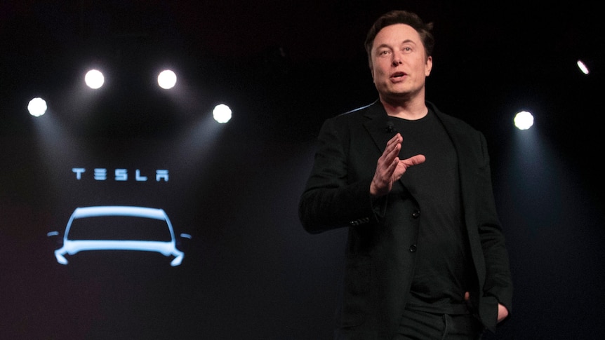 Elon Musk stands in front of one of his Tesla cars as speaks and gestures to an audience